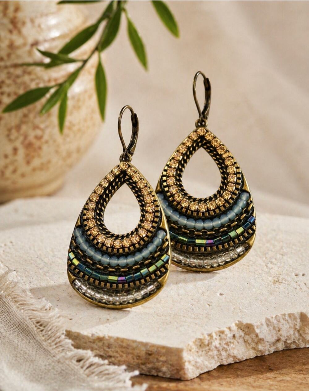 Boho Beaded Teardrop Earrings Blue Iridescent Rhinestone Gold Statement SW